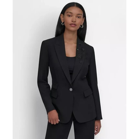 DKNY Women's Embellished Peak-Lapel One-Button Jacket Blazer Modern Chic Black 8 - Picture 5 of 13